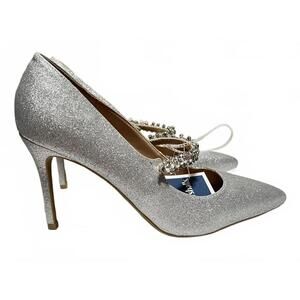 BCBGeneration Womens Size 9 Silver Glitter High Heel Pumps Rhinestone Strap